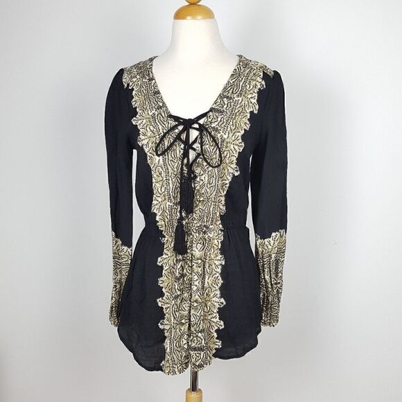 Free People Black Boho Tunic Tassel Size Small - Picture 2 of 7